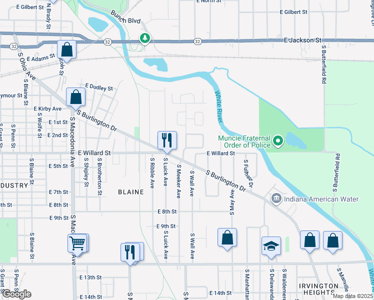 map of restaurants, bars, coffee shops, grocery stores, and more near 20 South Drive in Muncie