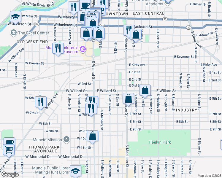 map of restaurants, bars, coffee shops, grocery stores, and more near 905 South Jefferson Street in Muncie