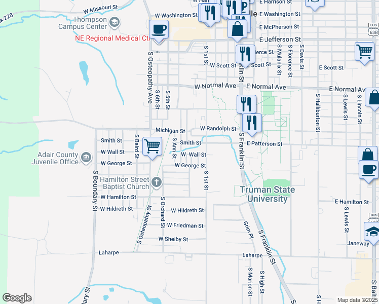 map of restaurants, bars, coffee shops, grocery stores, and more near 602 West Smith Street in Kirksville