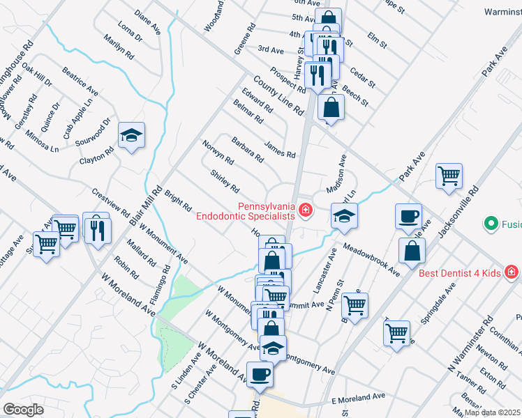map of restaurants, bars, coffee shops, grocery stores, and more near 425 Crescent Road in Hatboro