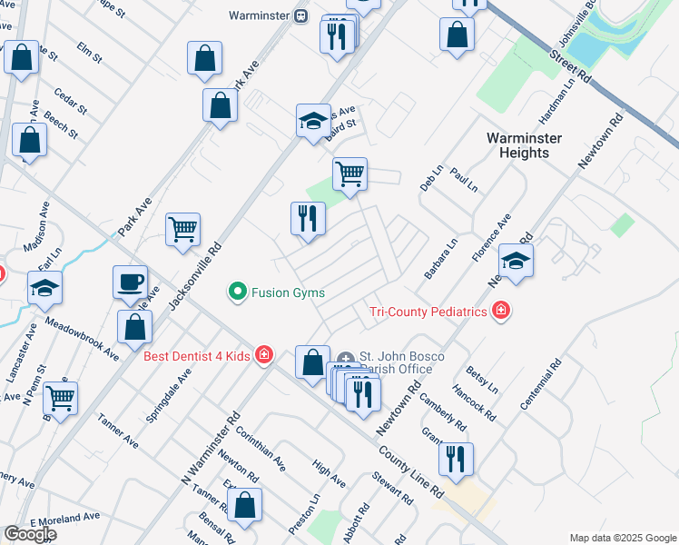 map of restaurants, bars, coffee shops, grocery stores, and more near 75 Downey Drive in Warminster