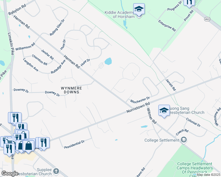 map of restaurants, bars, coffee shops, grocery stores, and more near 2 Wynmere Drive in Horsham
