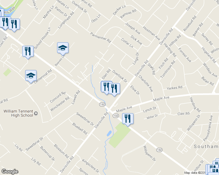map of restaurants, bars, coffee shops, grocery stores, and more near 766 Meadow Drive in Warminster