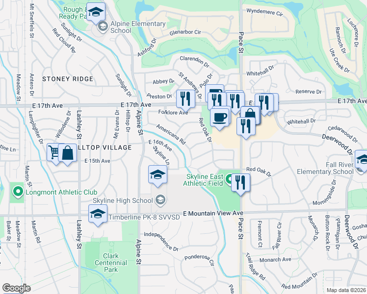 map of restaurants, bars, coffee shops, grocery stores, and more near 706 Picket Lane in Longmont