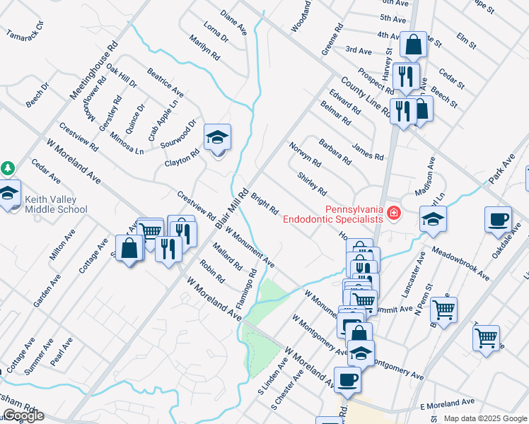 map of restaurants, bars, coffee shops, grocery stores, and more near 49 Bright Road in Hatboro