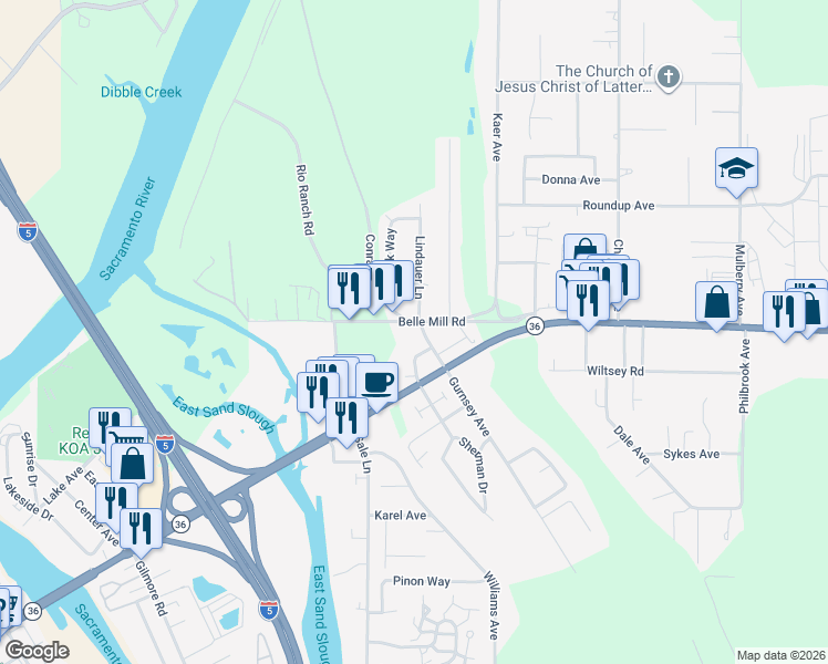 map of restaurants, bars, coffee shops, grocery stores, and more near 5 Gurnsey Avenue in Red Bluff