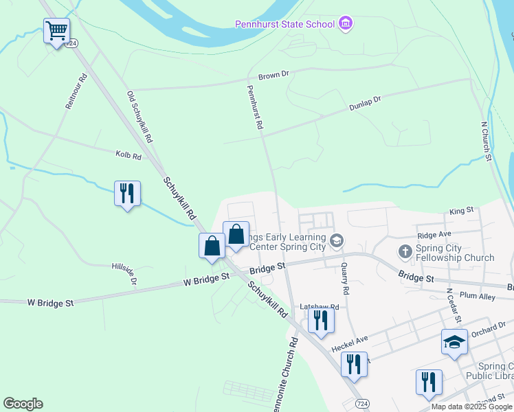 map of restaurants, bars, coffee shops, grocery stores, and more near 21 Carrigan Avenue in Spring City