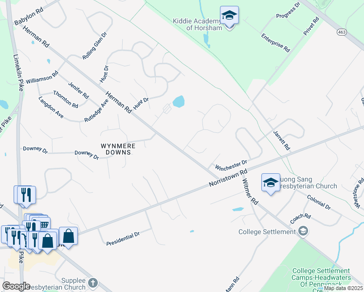 map of restaurants, bars, coffee shops, grocery stores, and more near 2 Wynmere Drive in Horsham