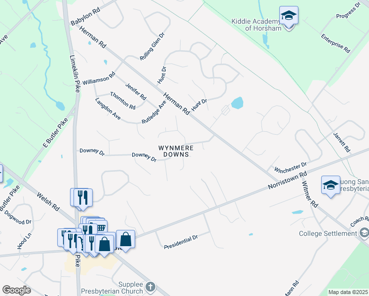 map of restaurants, bars, coffee shops, grocery stores, and more near 14 Downey Drive in Horsham