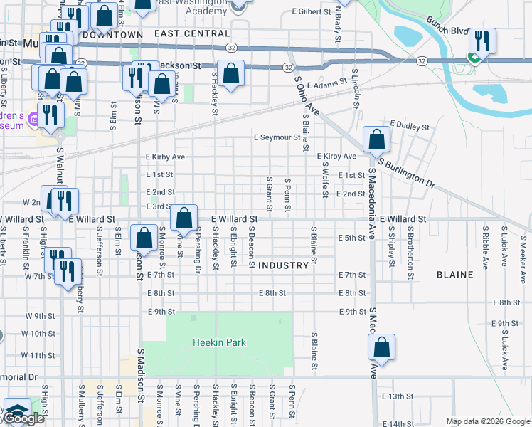 map of restaurants, bars, coffee shops, grocery stores, and more near 907 South Grant Street in Muncie
