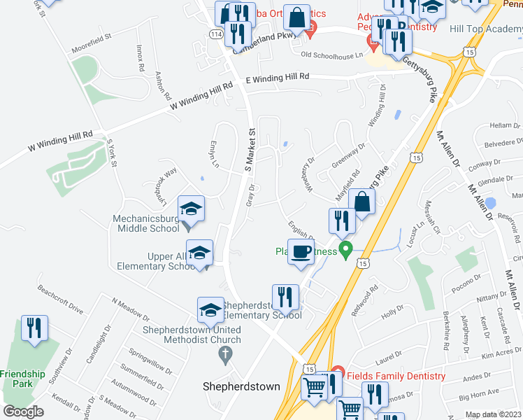 map of restaurants, bars, coffee shops, grocery stores, and more near 5 Dartmouth Court in Mechanicsburg