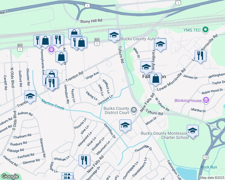 map of restaurants, bars, coffee shops, grocery stores, and more near 101 Vermont Lane in Levittown