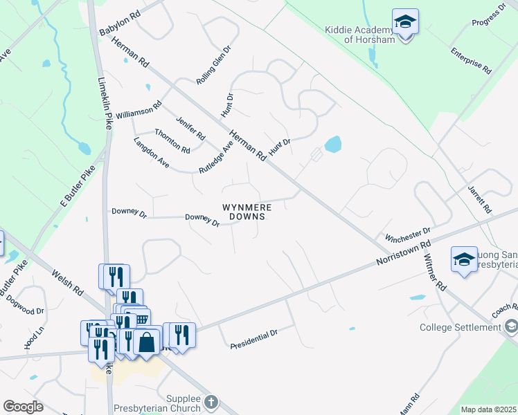 map of restaurants, bars, coffee shops, grocery stores, and more near 14 Downey Drive in Horsham