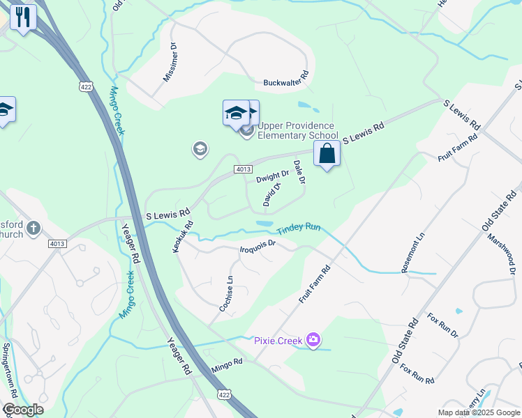 map of restaurants, bars, coffee shops, grocery stores, and more near 2 David Drive in Royersford
