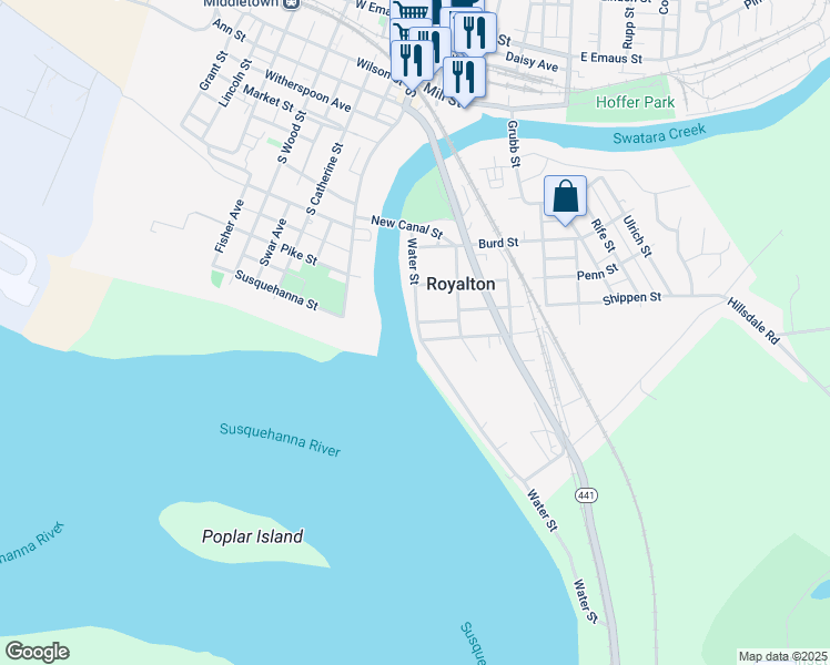 map of restaurants, bars, coffee shops, grocery stores, and more near 409 Water Street in Middletown