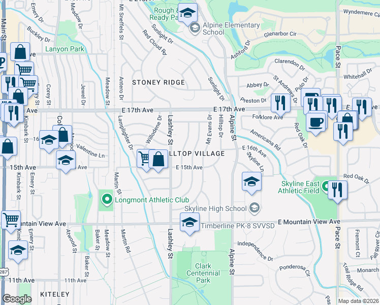 map of restaurants, bars, coffee shops, grocery stores, and more near 1603 Twin Sisters Drive in Longmont