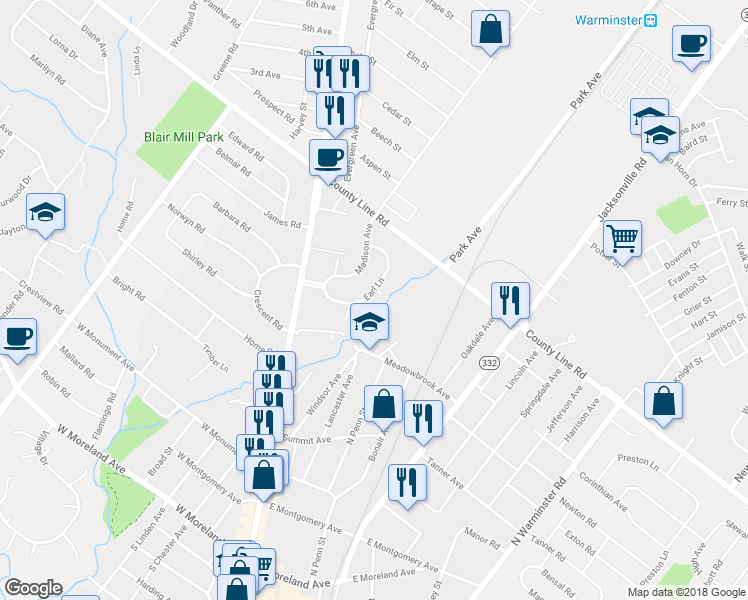 map of restaurants, bars, coffee shops, grocery stores, and more near 136 Earl Lane in Hatboro