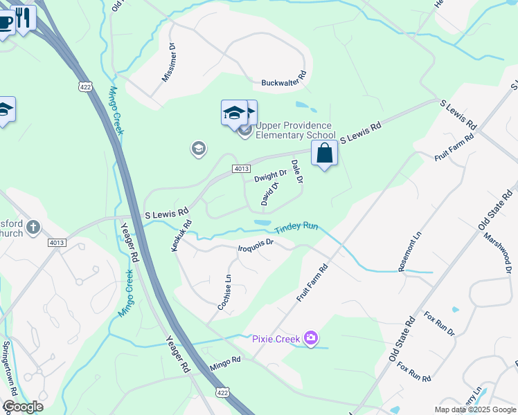 map of restaurants, bars, coffee shops, grocery stores, and more near 2 David Drive in Royersford