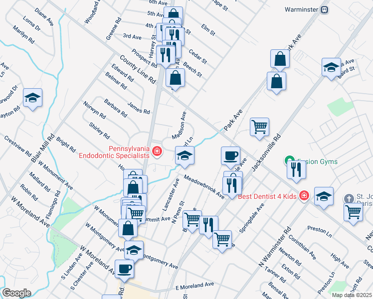 map of restaurants, bars, coffee shops, grocery stores, and more near 136 Earl Lane in Hatboro