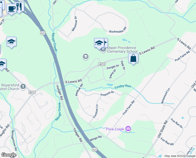 map of restaurants, bars, coffee shops, grocery stores, and more near 21 Cheyenne Road in Royersford
