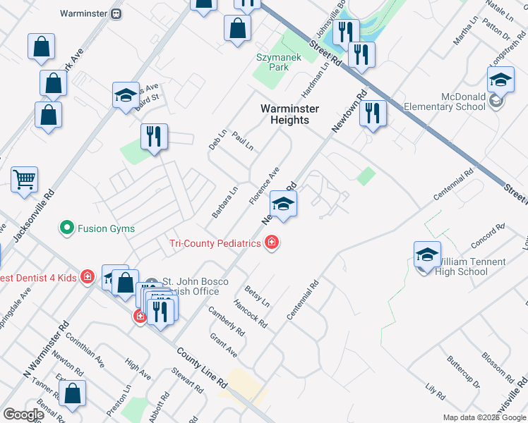 map of restaurants, bars, coffee shops, grocery stores, and more near 289 Ann Lane in Warminster