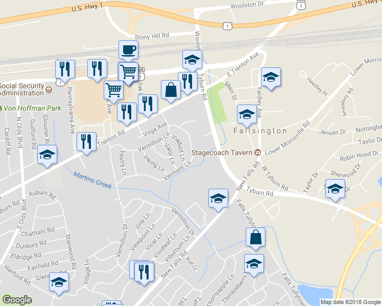 map of restaurants, bars, coffee shops, grocery stores, and more near 101 Vermont Lane in Levittown