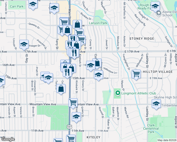 map of restaurants, bars, coffee shops, grocery stores, and more near 1556 Emery Street in Longmont