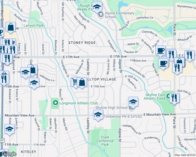 map of restaurants, bars, coffee shops, grocery stores, and more near 1603 Twin Sisters Drive in Longmont
