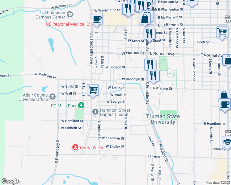 map of restaurants, bars, coffee shops, grocery stores, and more near 602 West Smith Street in Kirksville