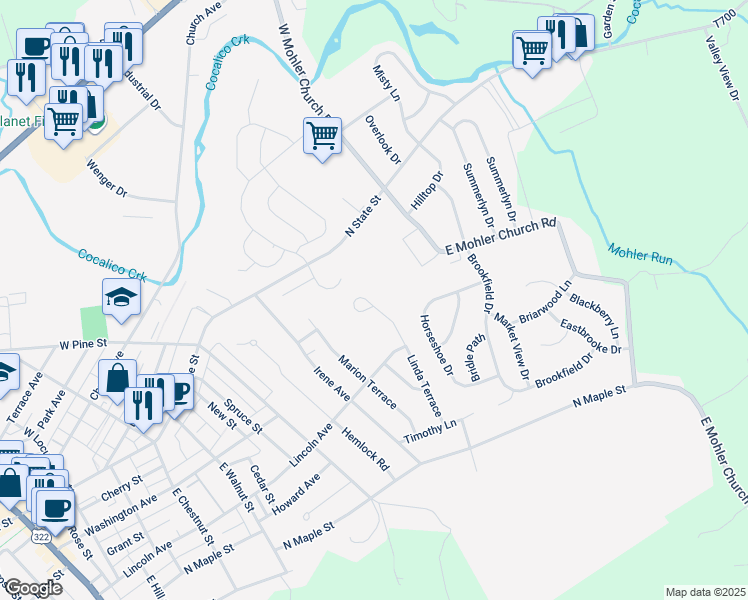 map of restaurants, bars, coffee shops, grocery stores, and more near 166 Linda Terrace in Ephrata