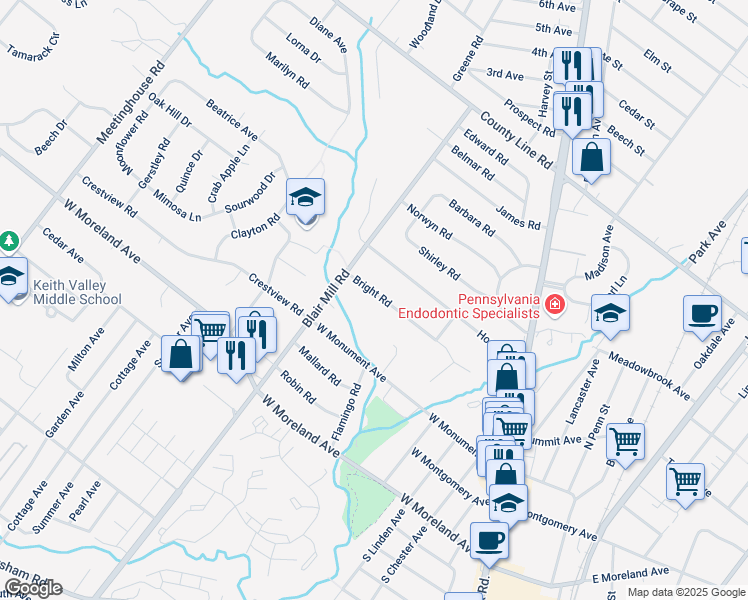 map of restaurants, bars, coffee shops, grocery stores, and more near 49 Bright Road in Hatboro