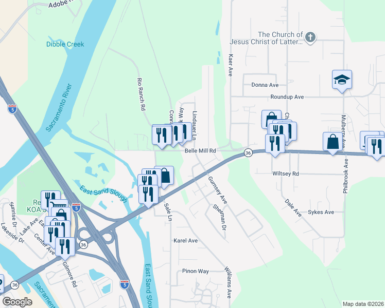 map of restaurants, bars, coffee shops, grocery stores, and more near 5 Gurnsey Avenue in Red Bluff