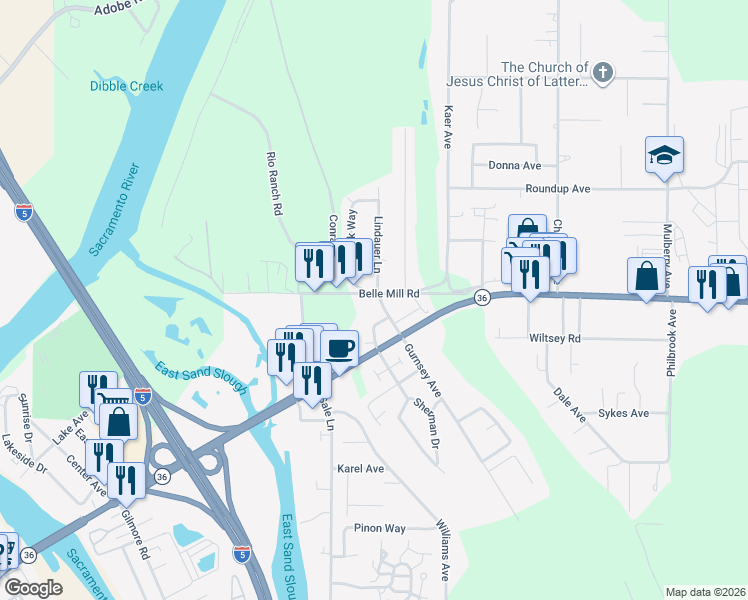 map of restaurants, bars, coffee shops, grocery stores, and more near 2-58 Lindauer Lane in Red Bluff