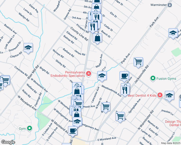 map of restaurants, bars, coffee shops, grocery stores, and more near 102 Earl Lane in Hatboro