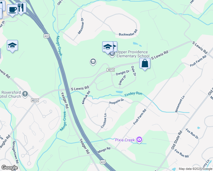 map of restaurants, bars, coffee shops, grocery stores, and more near 21 Cheyenne Road in Royersford