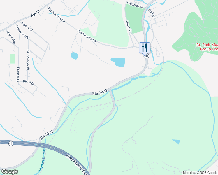 map of restaurants, bars, coffee shops, grocery stores, and more near 796 Route 481 in Monongahela