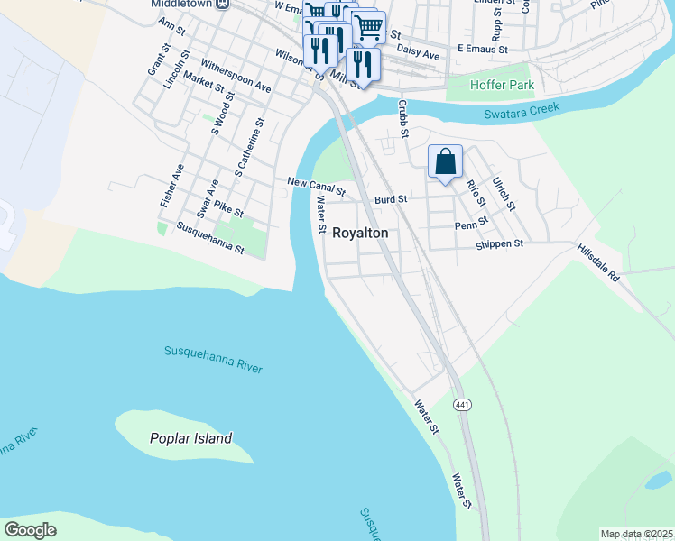 map of restaurants, bars, coffee shops, grocery stores, and more near 19 Juniata Street in Middletown
