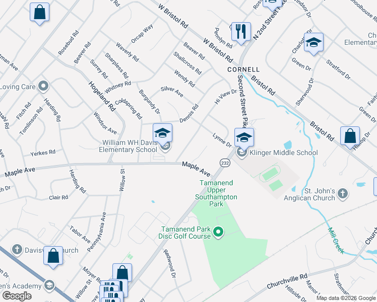map of restaurants, bars, coffee shops, grocery stores, and more near 1250 Hi View Drive in Southampton