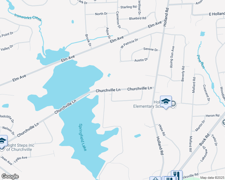 map of restaurants, bars, coffee shops, grocery stores, and more near 501 Churchville Lane in Churchville