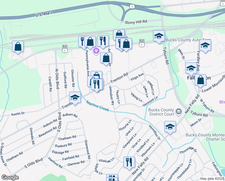 map of restaurants, bars, coffee shops, grocery stores, and more near 66 Vermilion Way in Levittown