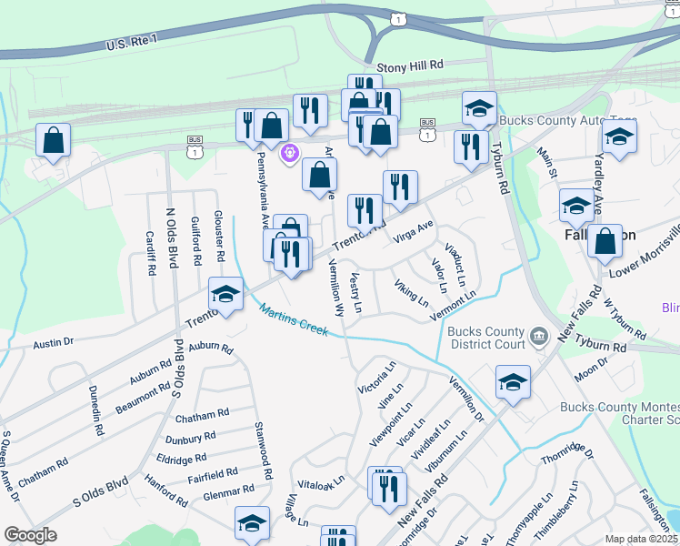 map of restaurants, bars, coffee shops, grocery stores, and more near 66 Vermilion Way in Levittown