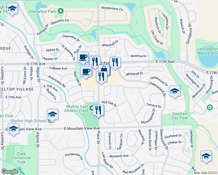 map of restaurants, bars, coffee shops, grocery stores, and more near 1451 Cedarwood Drive in Longmont