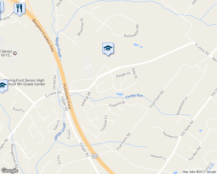 map of restaurants, bars, coffee shops, grocery stores, and more near 23 Cheyenne Road in Royersford