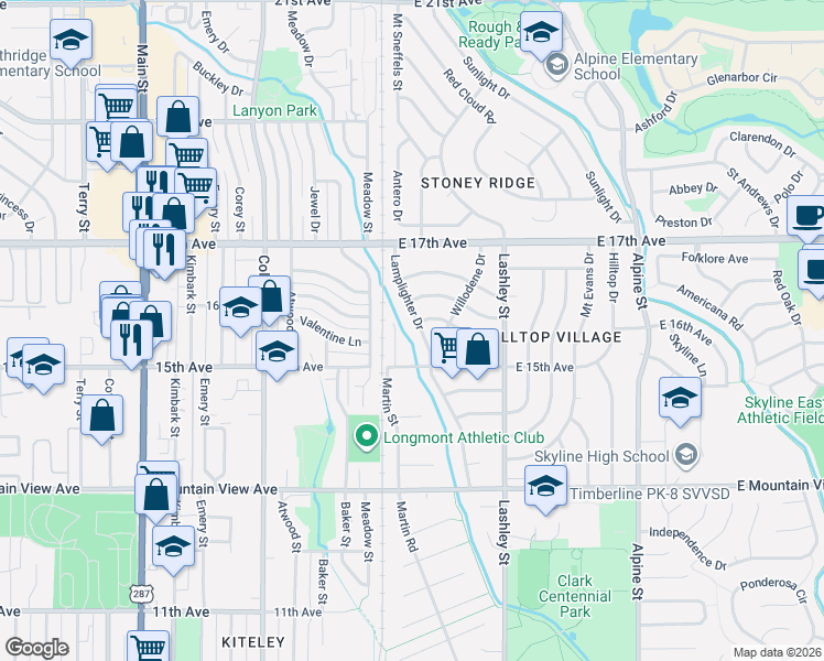 map of restaurants, bars, coffee shops, grocery stores, and more near 1542 Lamplighter Drive in Longmont