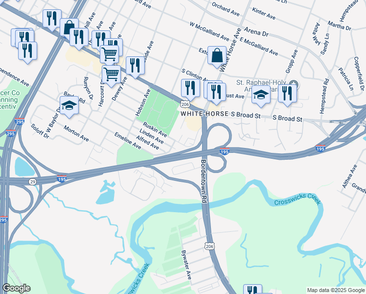 map of restaurants, bars, coffee shops, grocery stores, and more near 97 Pearson Drive in Trenton