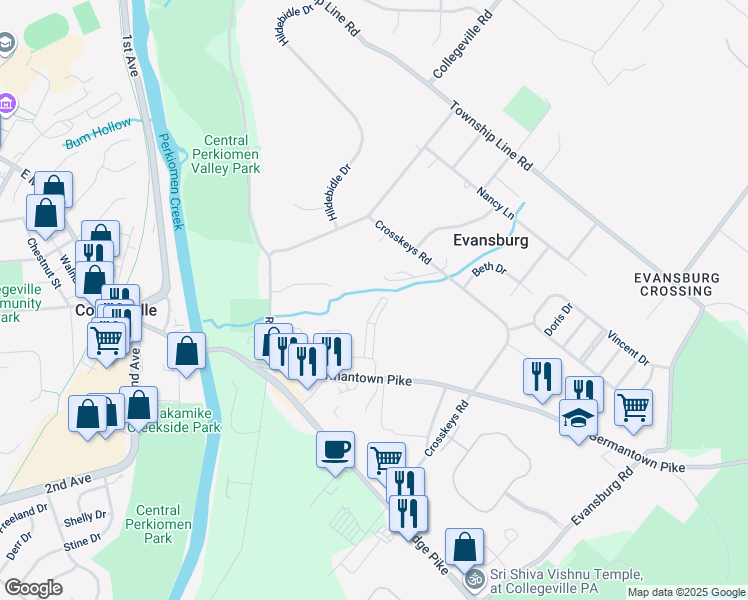 map of restaurants, bars, coffee shops, grocery stores, and more near 226 Collegeville Road in Collegeville