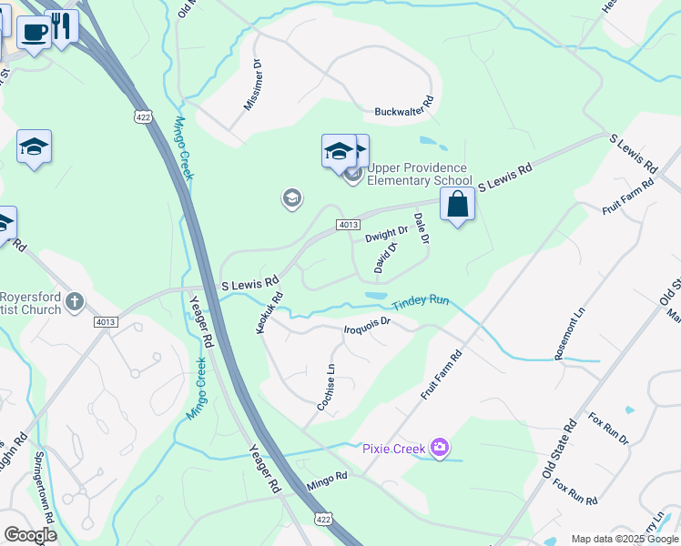map of restaurants, bars, coffee shops, grocery stores, and more near 23 Cheyenne Road in Royersford