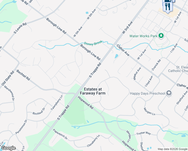 map of restaurants, bars, coffee shops, grocery stores, and more near 1053 South Trappe Road in Collegeville
