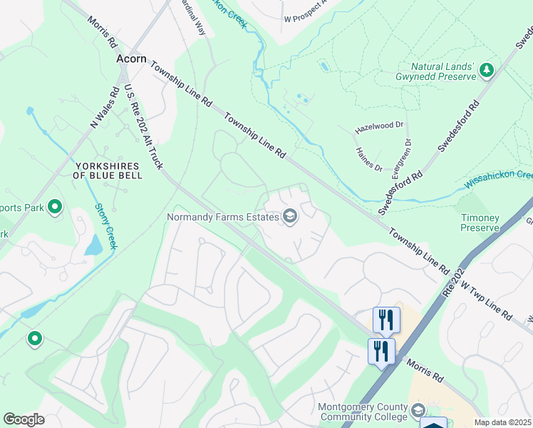map of restaurants, bars, coffee shops, grocery stores, and more near 5212 Twin Silo Drive in Blue Bell