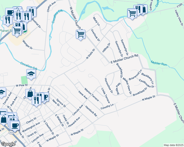 map of restaurants, bars, coffee shops, grocery stores, and more near 162 Linda Terrace in Ephrata